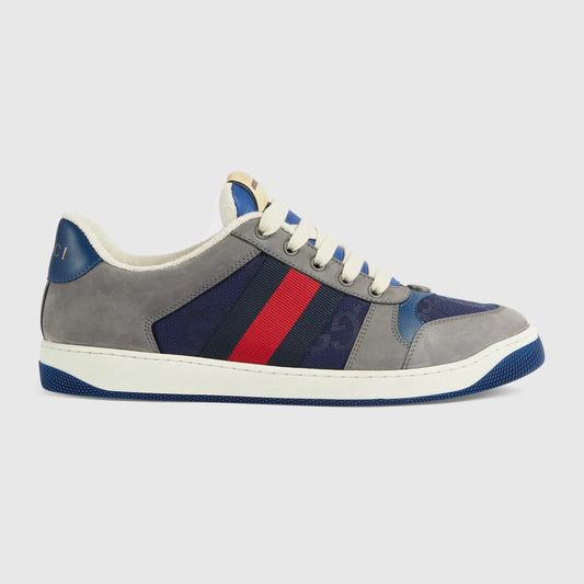 Gucci Screener Azul Marino/Gris – Zapatillas de Lujo Retro con Rayas Web