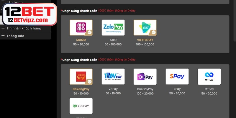 Quy trình nạp tiền 12BET dễ dàng cho người mới